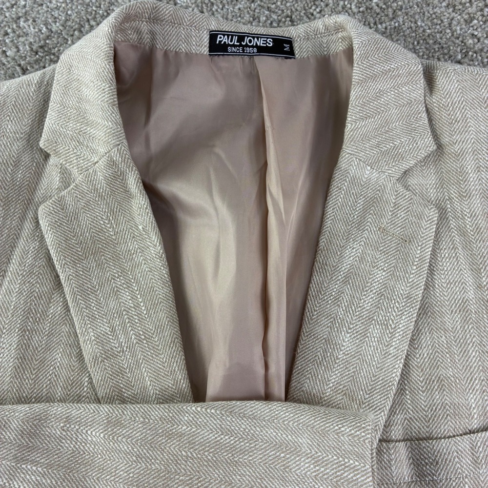 Paul Jones Blazer Mens M Beige Herringbone Linen Sport Coat Sophisticated Travel